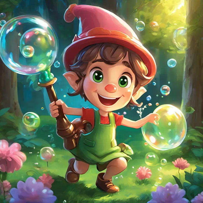 Fizzy is a kind-hearted fairy with brown hair and playful green eyes and Izzy is a clever gnome with a pointy hat and a mischievous grin are seen working together to build the magic bubble machine. The fairies and other creatures are shown playing with the bubbles happily.
