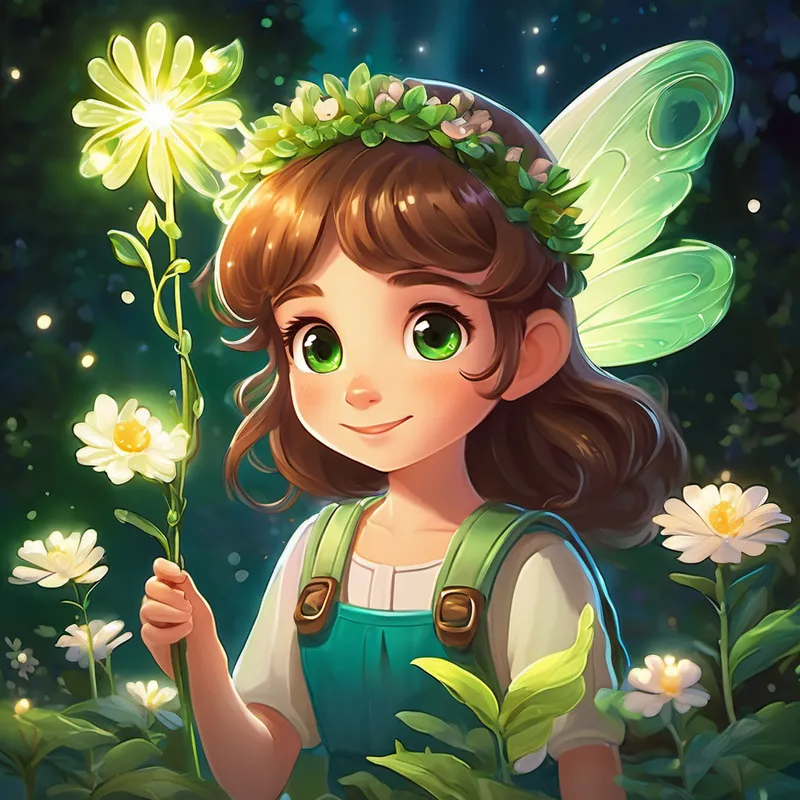 Fizzy is a kind-hearted fairy with brown hair and playful green eyes is shown holding the glow-in-the-dark flower, which illuminates the night scene of Fairyland.