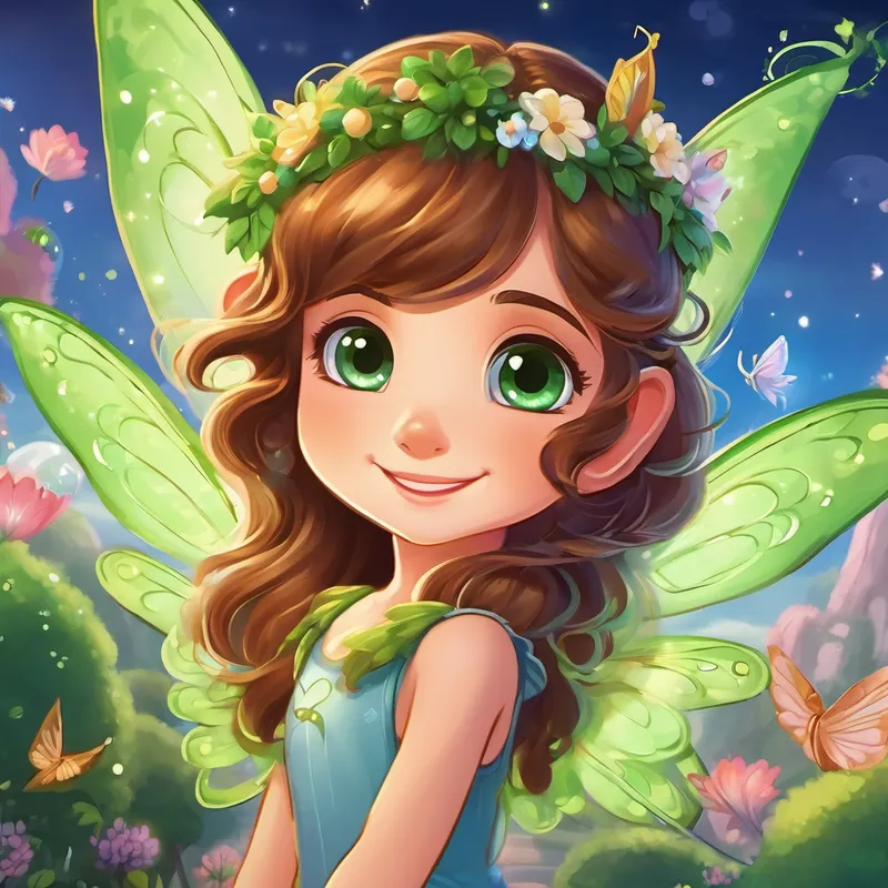 Fizzy is a kind-hearted fairy with brown hair and playful green eyes is shown wearing her magical wings and flying alongside other fairies, while the magical creatures in Fairyland cheer and smile.