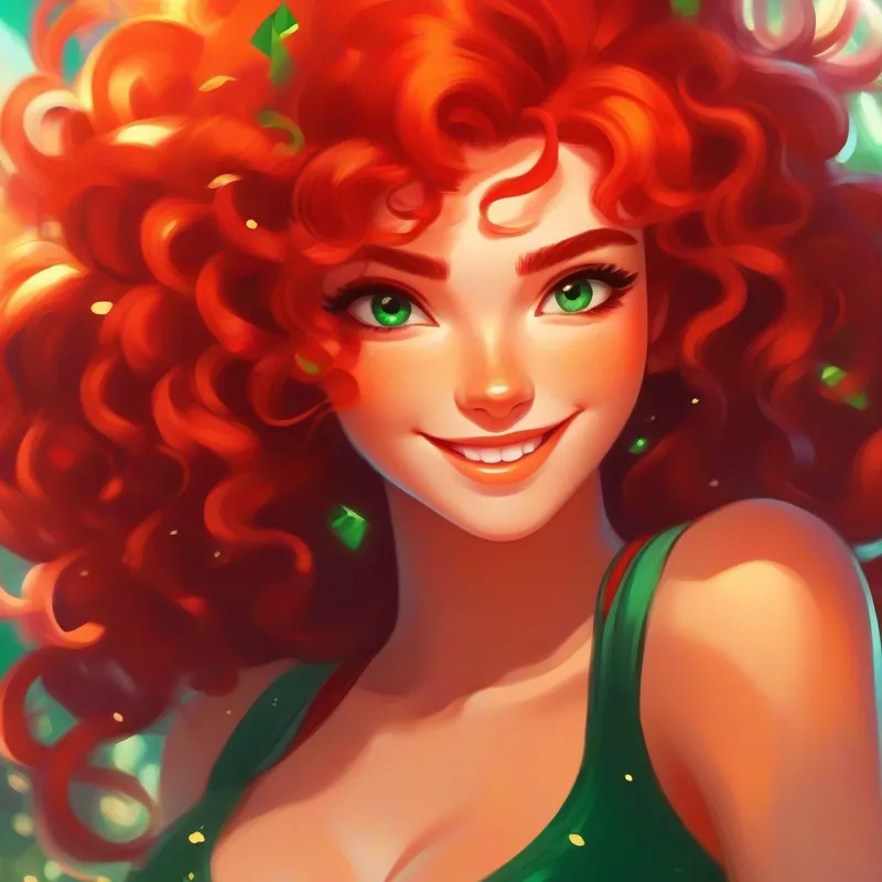 Wild curly hair and a mischievous grin. spots Fiery red hair and sparkling emerald eyes., a captivating girl with fiery red hair.