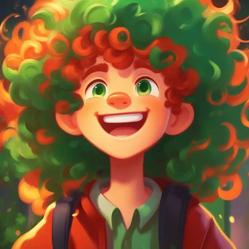 Wild curly hair and a mischievous grin. courageously decides to talk to Fiery red hair and sparkling emerald eyes. about his feelings.