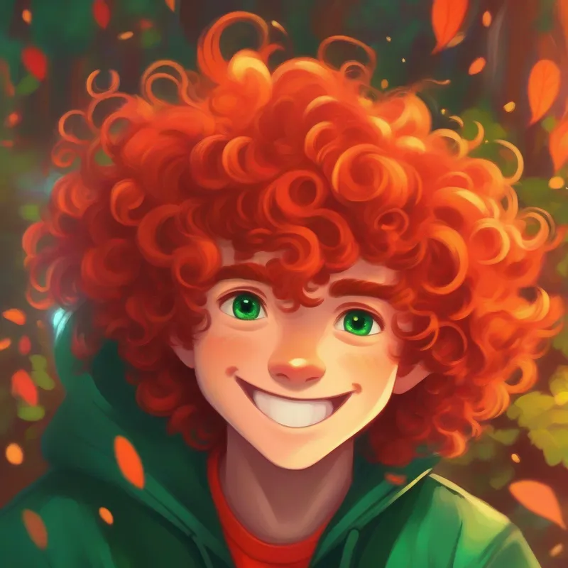 Wild curly hair and a mischievous grin. confesses his love to Fiery red hair and sparkling emerald eyes., who appreciates his honesty.