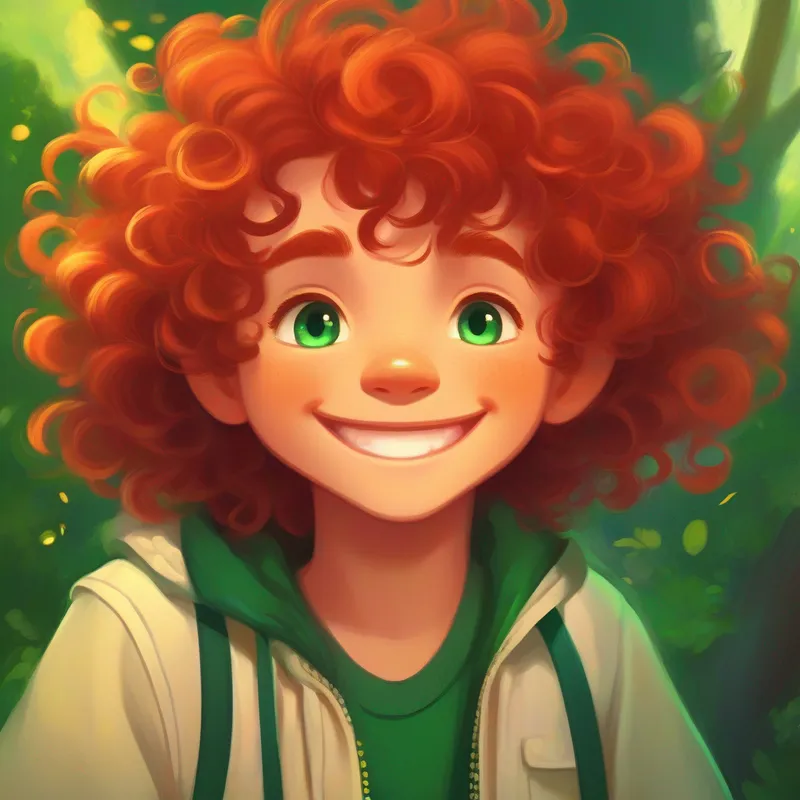 Wild curly hair and a mischievous grin. learns about respecting boundaries and cherishes his friendship with Fiery red hair and sparkling emerald eyes..