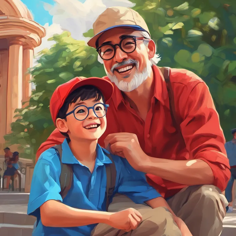 Father with a blue shirt and glasses. and Happy boy with a red shirt and cap. outside the museum building