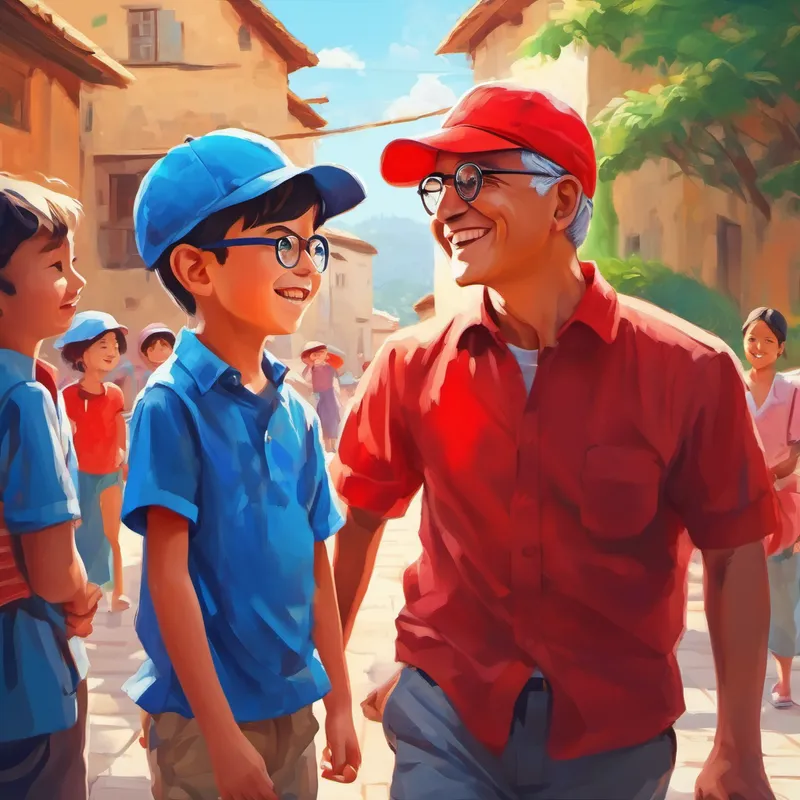 Father with a blue shirt and glasses. and Happy boy with a red shirt and cap. looking at fans from different countries