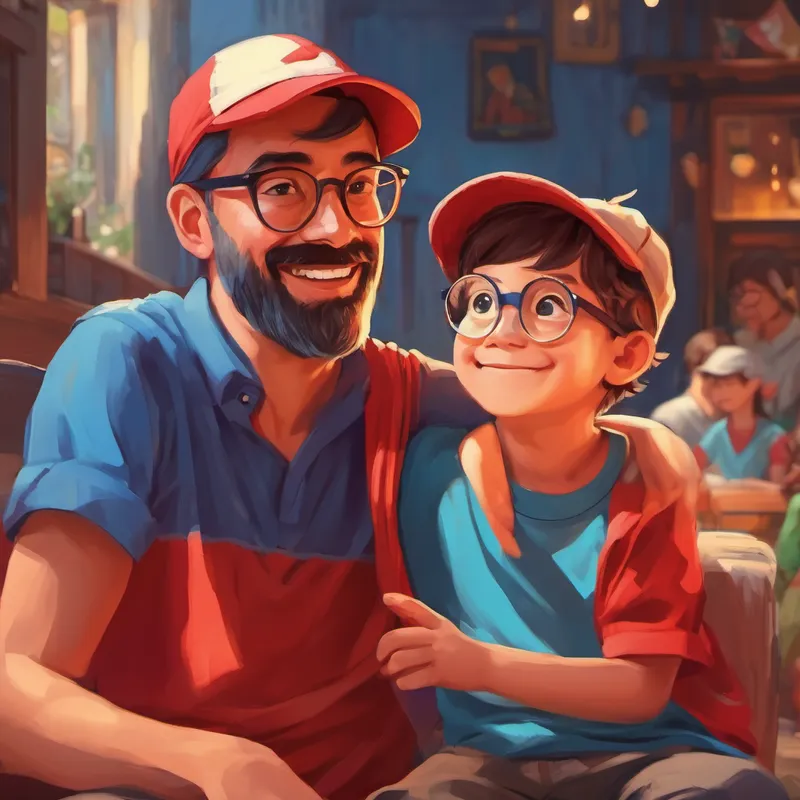 Father with a blue shirt and glasses. and Happy boy with a red shirt and cap. listening to stories about fans
