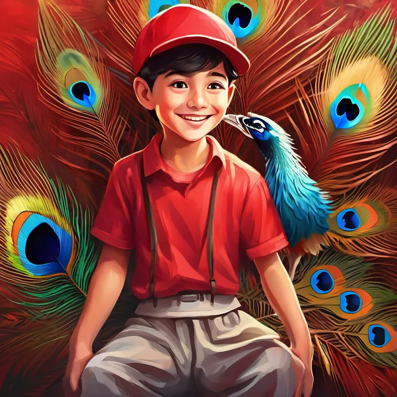 Happy boy with a red shirt and cap. holding a fan with colorful peacock feathers