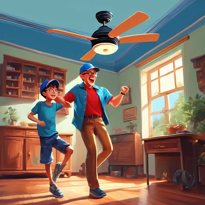 Father with a blue shirt and glasses. and Happy boy with a red shirt and cap. dancing with a spinning ceiling fan