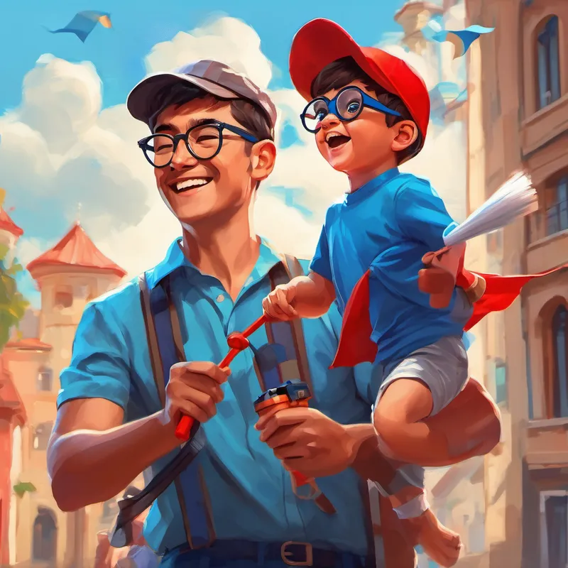 Father with a blue shirt and glasses. and Happy boy with a red shirt and cap. pretending to be superheroes with a handheld fan