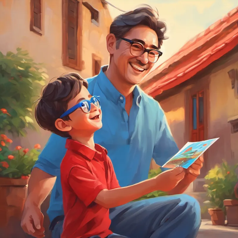 Father with a blue shirt and glasses. giving Happy boy with a red shirt and cap. a small fan as a gift