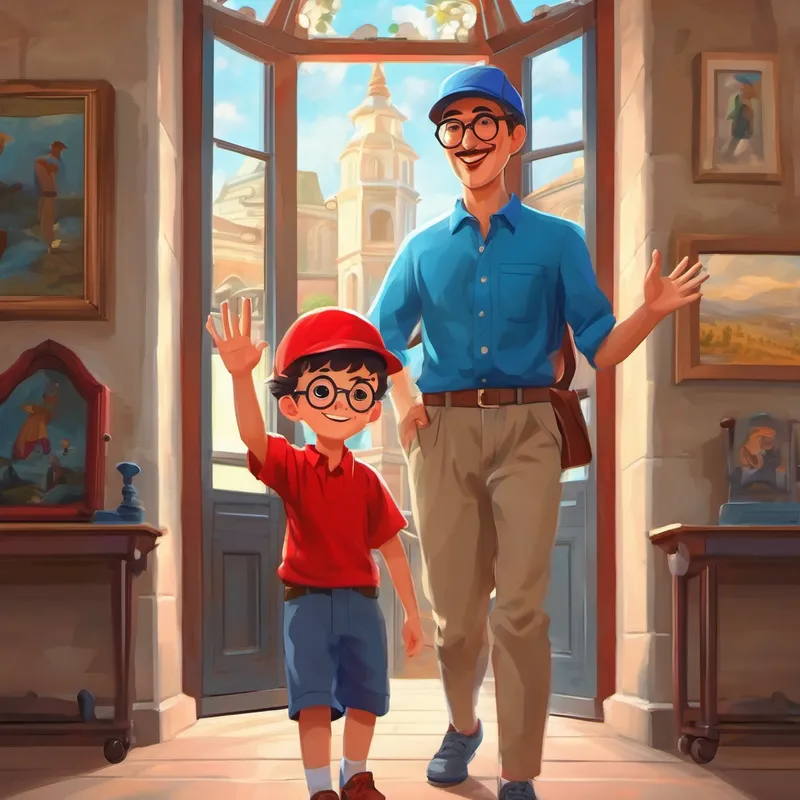 Father with a blue shirt and glasses. and Happy boy with a red shirt and cap. waving goodbye to the museum