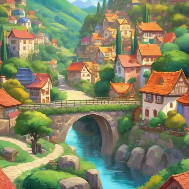 A colorful village nestled between rolling hills and a sparkling stream.