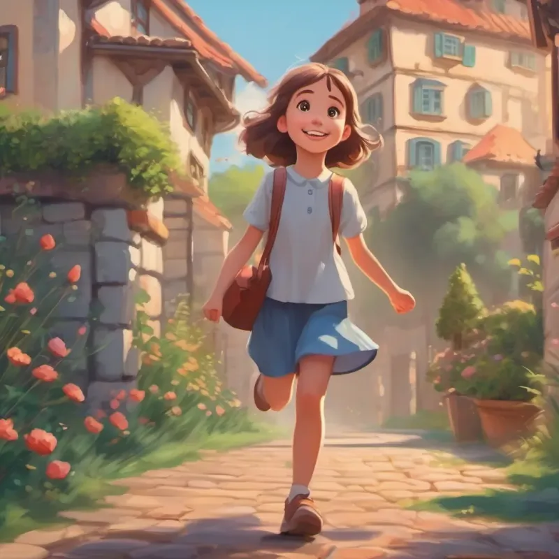 A young girl with bright eyes, rosy cheeks, and a big smile, skipping.