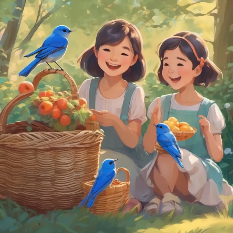Two young girls giggling and pointing at a bluebird perched on the edge of a basket.
