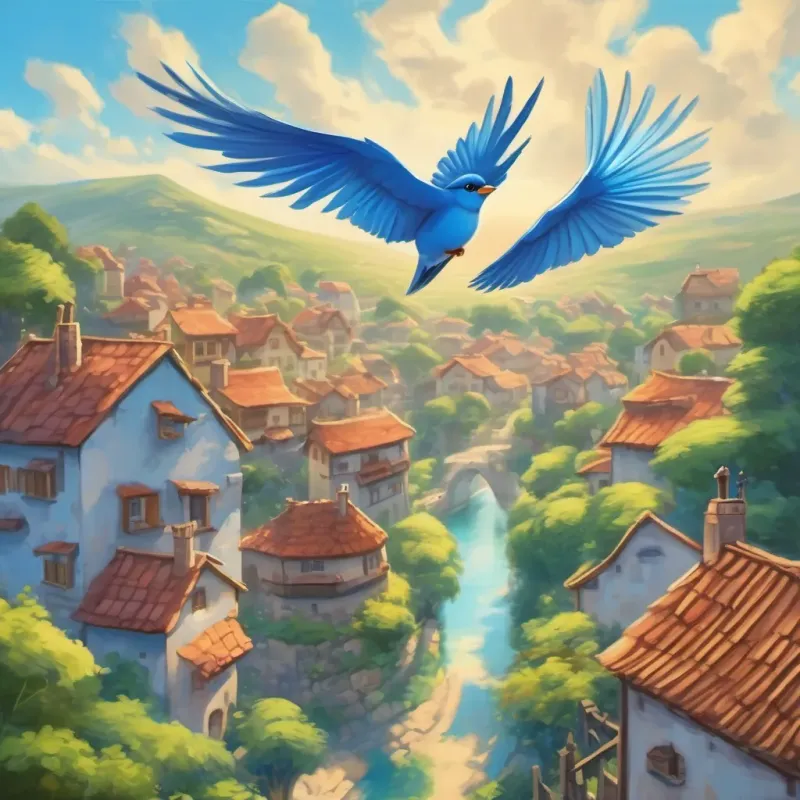 A bluebird soaring through a bright blue sky above a village.