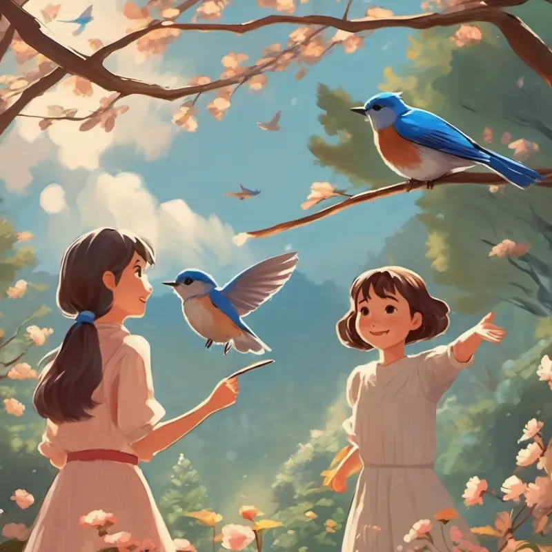 Two girls waving at a bluebird flying in the sky above them.