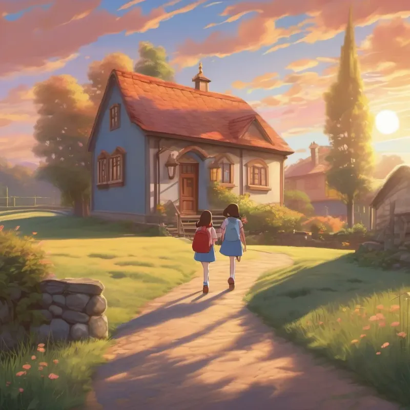Two young girls walking on a path towards a schoolhouse with the sun rising behind them.
