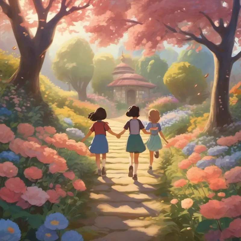 Two girls holding hands and skipping along a path with whimsical flowers and trees surrounding them