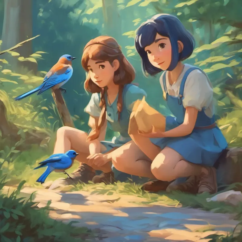 Two girls crouching near a bluebird with a broken wing.