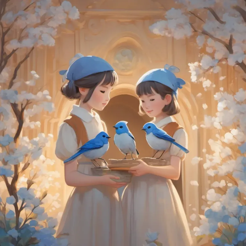 Two young girls gently holding a bluebird in their cupped hands.