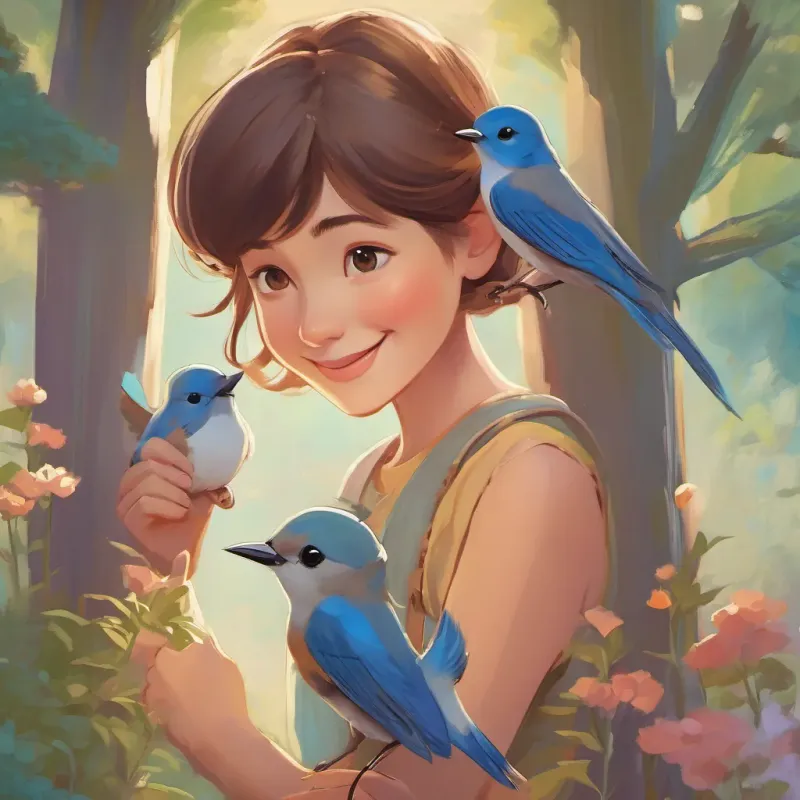 A kind woman with sparkling eyes smiling down at two young girls holding a bluebird.
