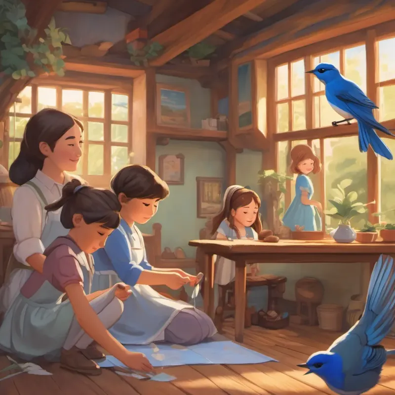 A woman carefully wrapping a bandage around a bluebird's wing while two young girls watch.