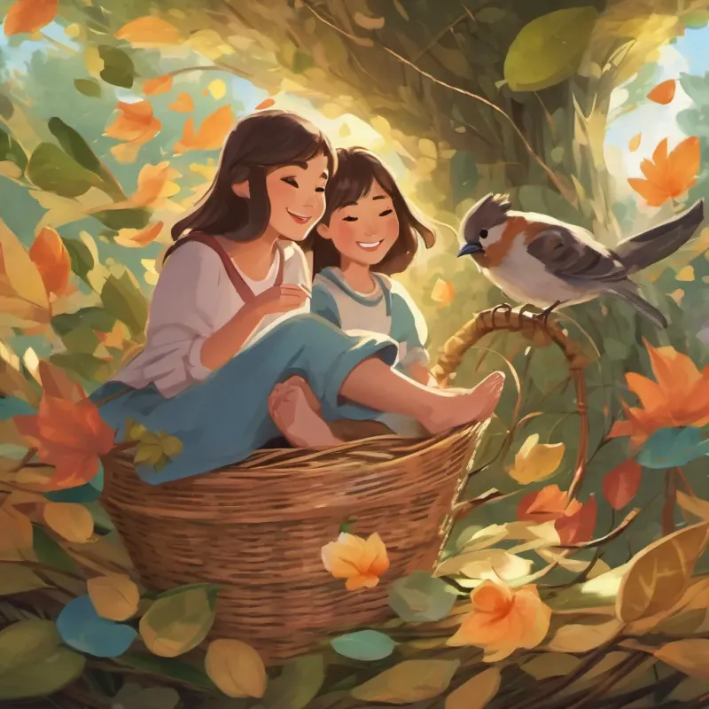 A bird sitting in a nest made of leaves and flower petals inside a basket with two young girls smiling down at it.