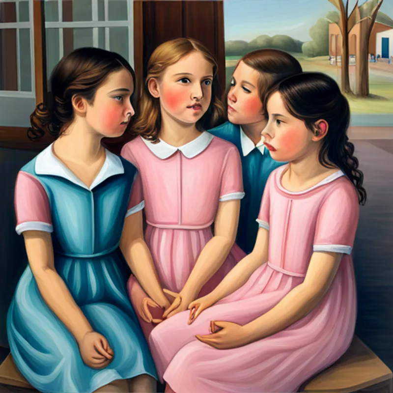 Emma, with brown hair and a pink dress and friends with diplomas outside school building