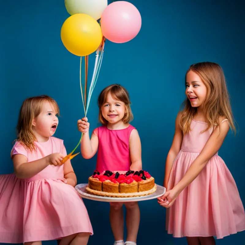 Emma, with brown hair and a pink dress and friends celebrating with cake and balloons