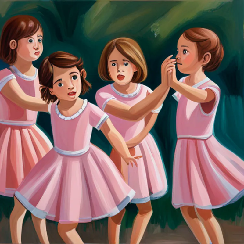 Emma, with brown hair and a pink dress and friends dancing and playing games