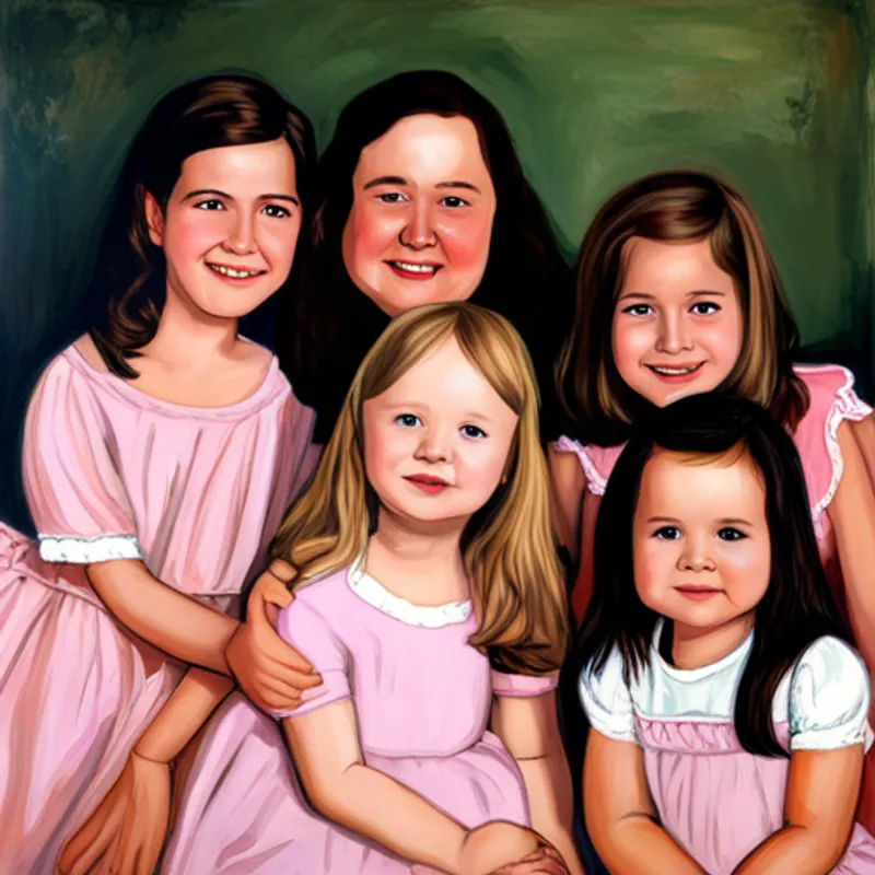 Emma, with brown hair and a pink dress and friends posing for a group photo