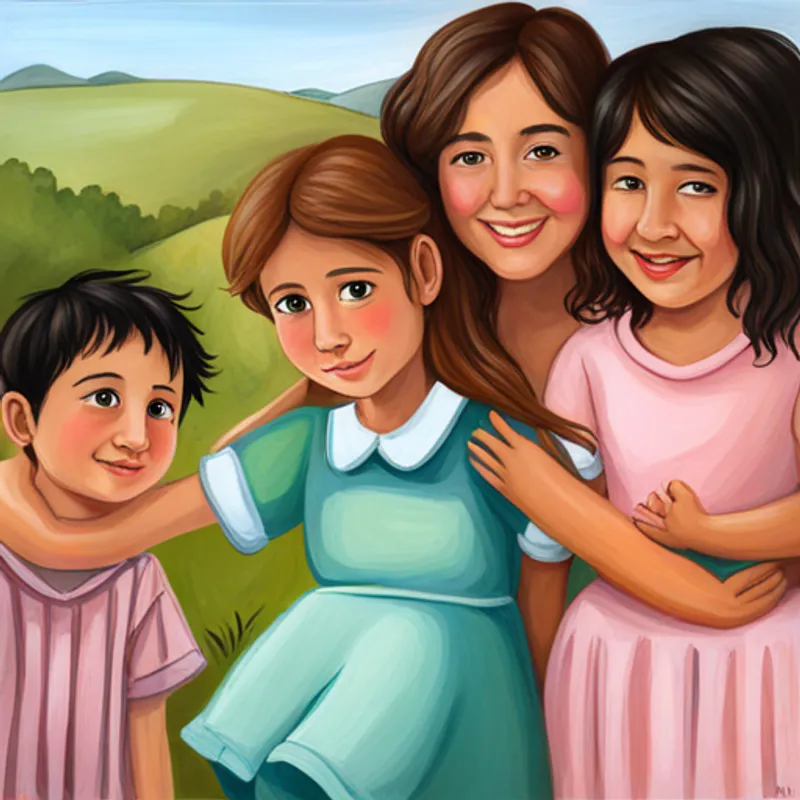 Emma, with brown hair and a pink dress and friends hugging and waving goodbye