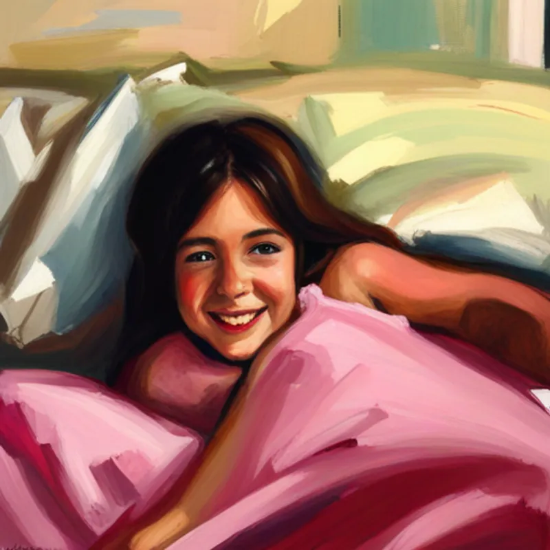 Emma, with brown hair and a pink dress in bed with a smile on her face