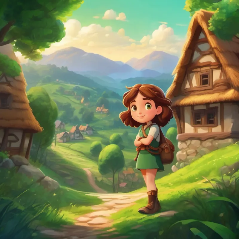 Introducing Brave girl, loves adventures, brown hair, green eyes and her village, setting the scene