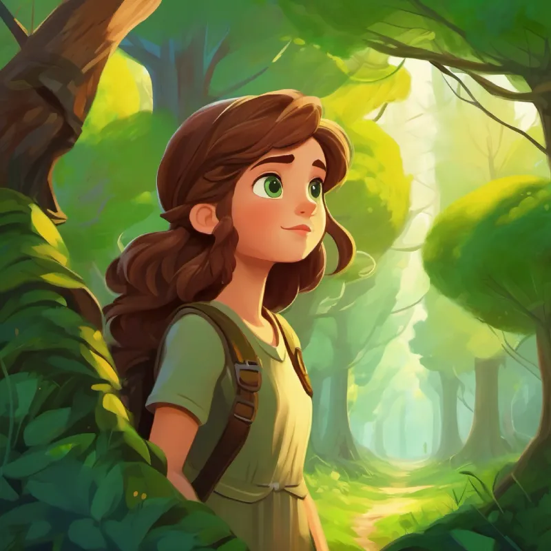 Brave girl, loves adventures, brown hair, green eyes decides to investigate the whispering trees