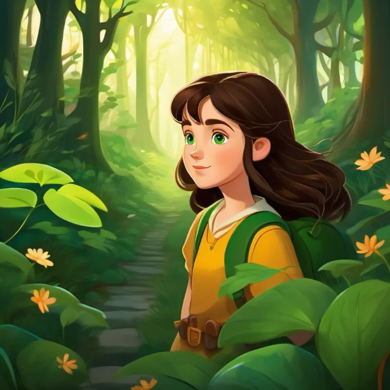 Brave girl, loves adventures, brown hair, green eyes enters the enchanted forest