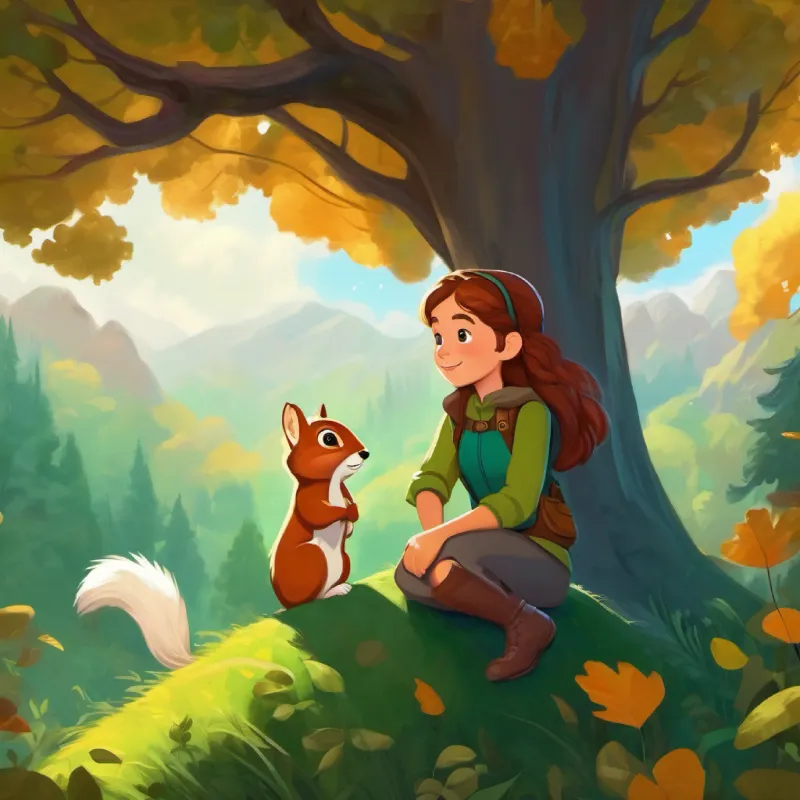 Brave girl, loves adventures, brown hair, green eyes befriends a squirrel
