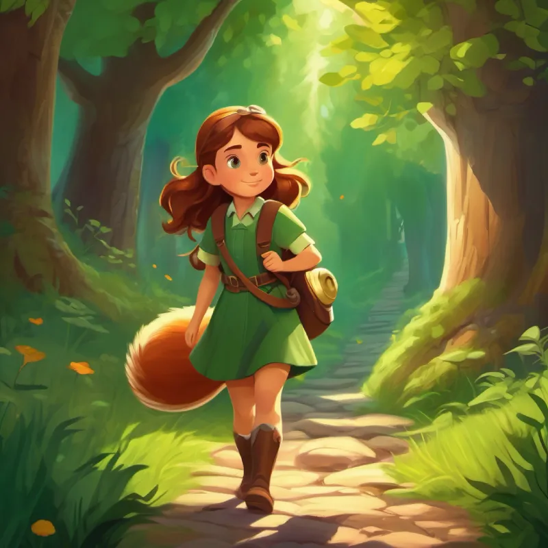 Brave girl, loves adventures, brown hair, green eyes and squirrel find hidden paths