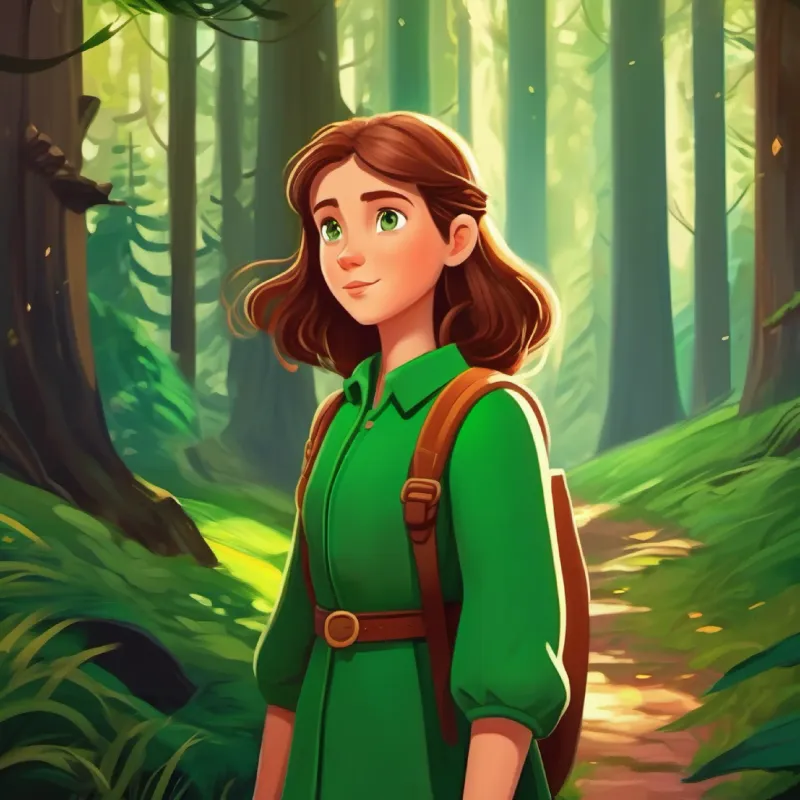Brave girl, loves adventures, brown hair, green eyes discovers the forest's tales