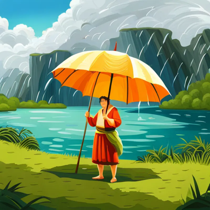 A arca flutuando na água com a chuva caindo