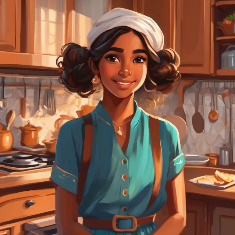 Young girl, warm brown skin, bright brown eyes waking, kitchen smells, morning of Eid al-Fitr celebration