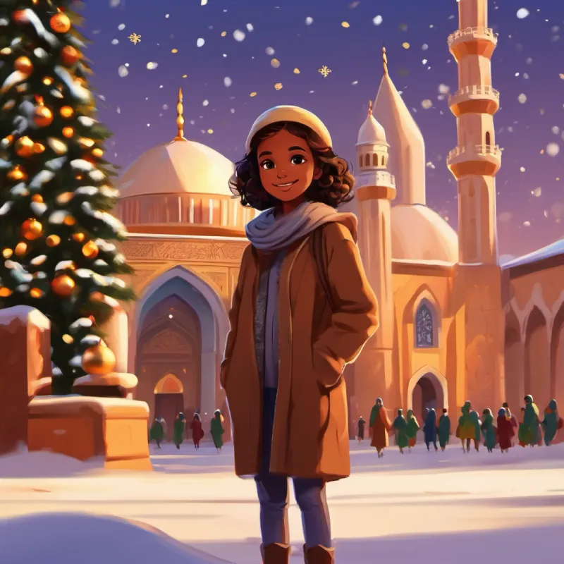 Young girl, warm brown skin, bright brown eyes with community, mosque setting, festive atmosphere