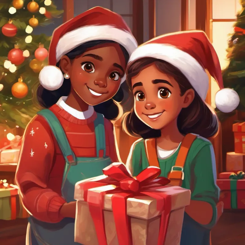 Young girl, warm brown skin, bright brown eyes aiding parents, making gift baskets, sense of giving