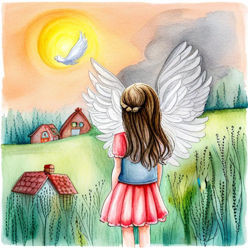A pretty angel with silver shimmering wings flying above a village and spotting sad A sad little girl longing for her missing puppy