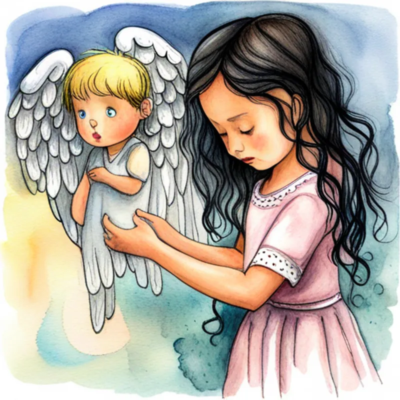 A pretty angel with silver shimmering wings and A sad little girl longing for her missing puppy searching for the missing puppy