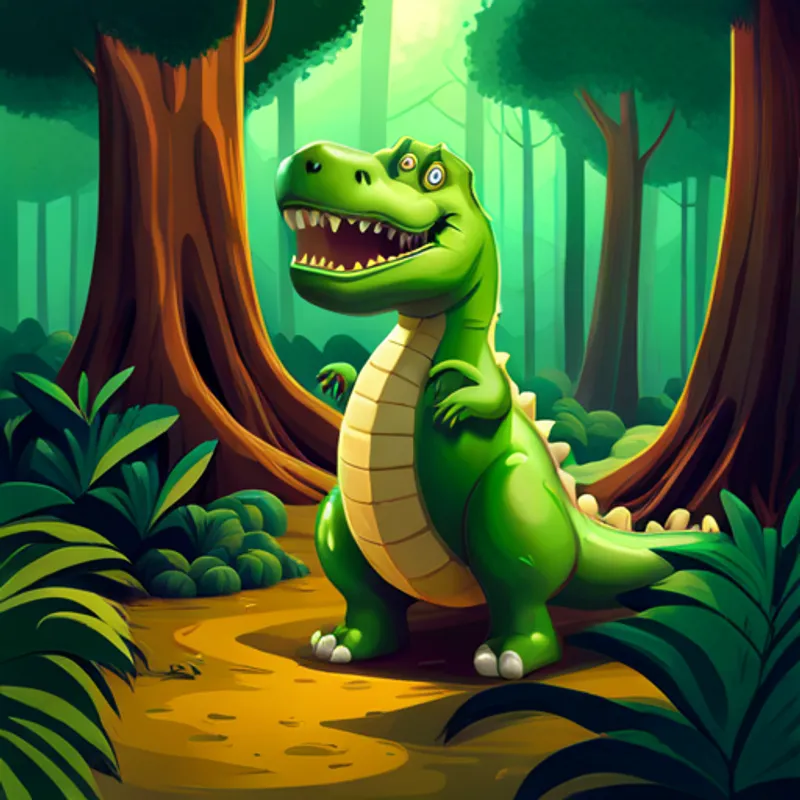 Friendly green dinosaur with a kind smile. in a lush green forest with big trees