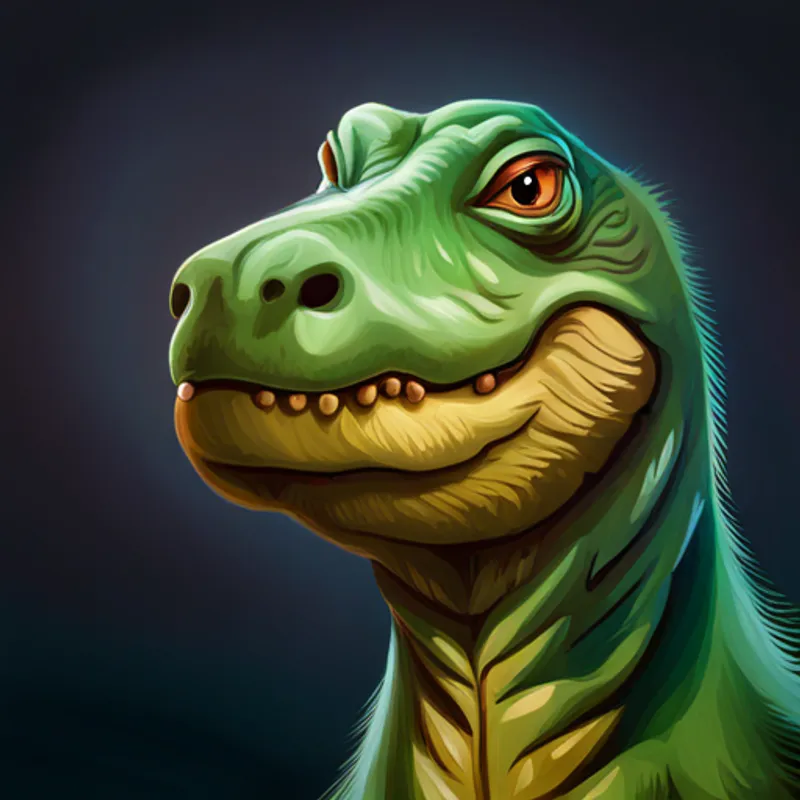Friendly green dinosaur with a kind smile. with his ears perked up, listening