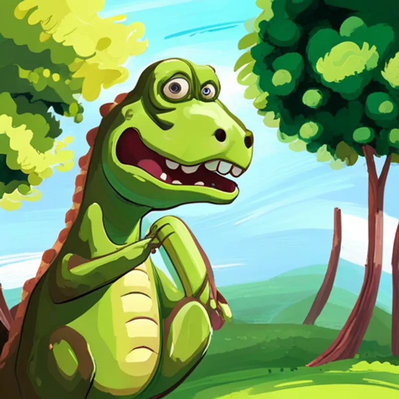 Leaves rustling in the wind near Friendly green dinosaur with a kind smile.