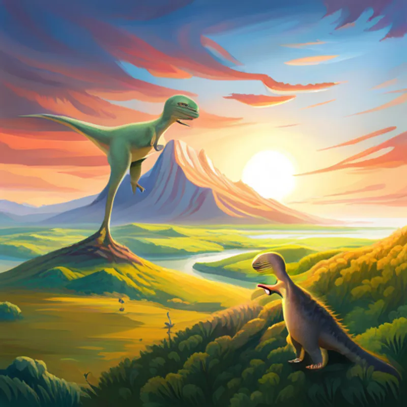 Baby dinosaur pointing towards its family in distance