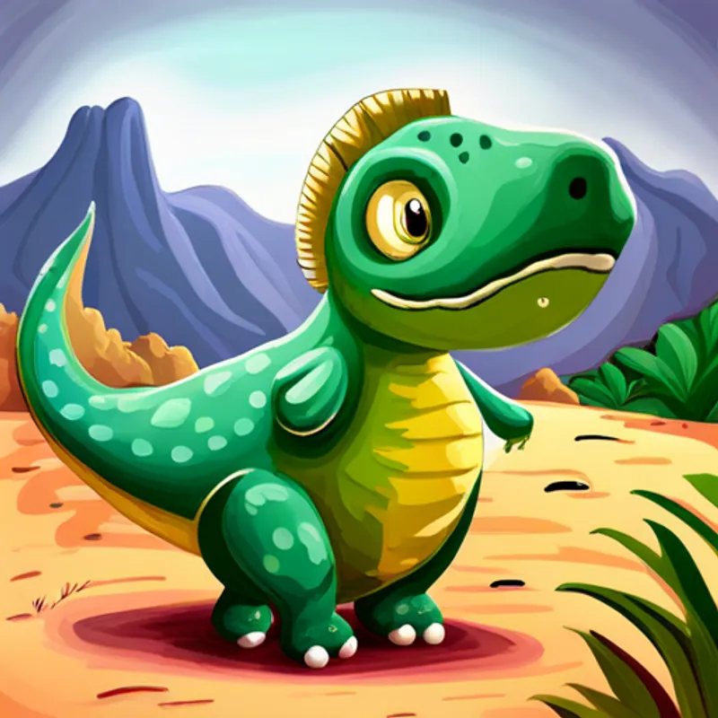 Friendly green dinosaur with a kind smile. guiding the Cute blue dinosaur with big eyes and soft scales. back to its family